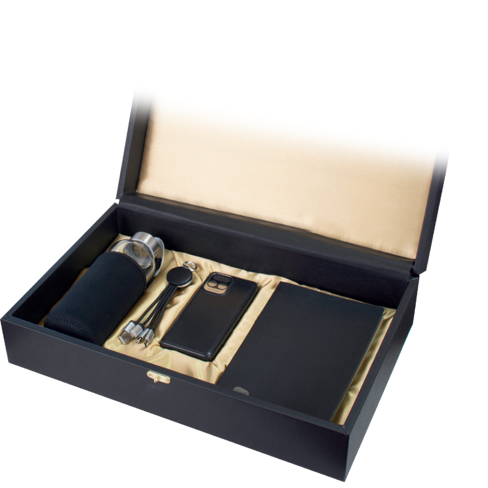 500ml Kılıflı Cam Şişe, 10.000 mAh Powerbank, Çoklu Şarj Kablosu, 13x21 Termo Deri Defter Hediye Seti