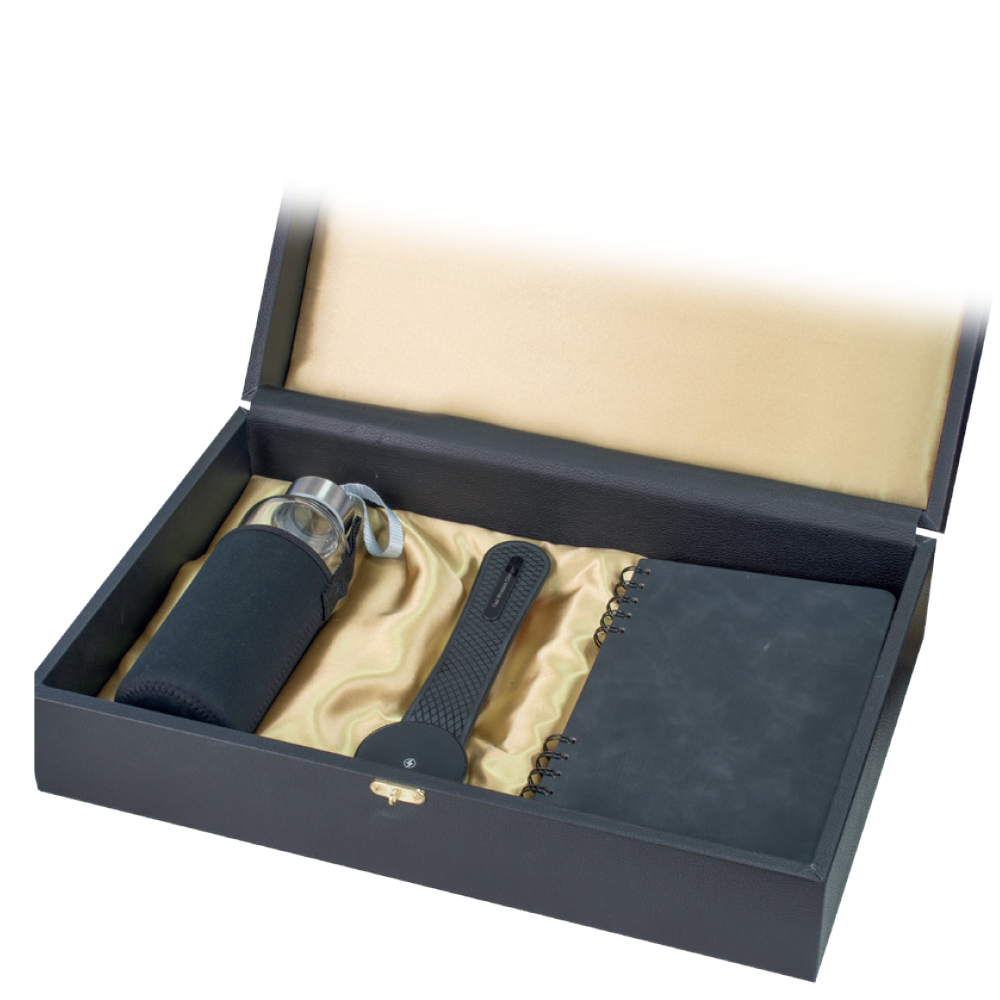 500ml Kılıflı Cam Matara, Araç İçi Wireless Şarj Aleti, Spiralli Defter Hediye Seti