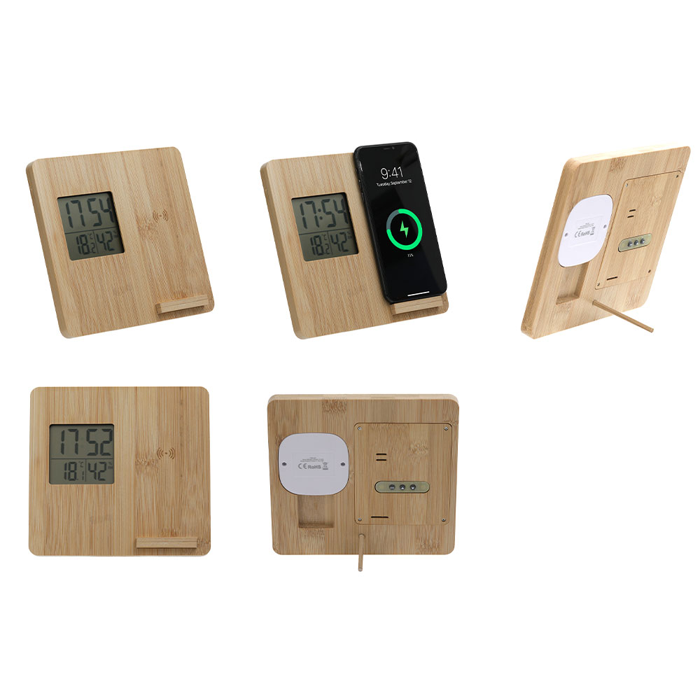 Masaüstü Bambu Saat + Wireless Şarj İstasyonu