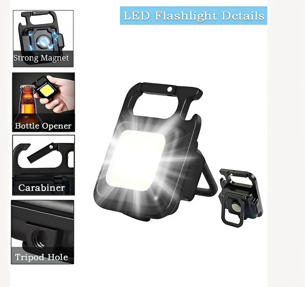 03 - Kare Mini Taşınabilir Usb Şarj Edilebilir 3 Fonksiyonlu Mıknatıslı Parlak Led Işık - Siyah